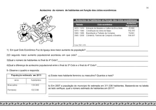 18
Acréscimo do número de habitantes em função dos ciclos econômicos
1) Em qual Ciclo Econômico Foz do Iguaçu teve maior aumento da população? __________________________________________________
2)O segundo maior aumento populacional aconteceu em que ciclo? _________________________________________________________
3)Qual o número de habitantes no final do 4º Ciclo?_________________________________________________________________________
4)Qual a diferença de acréscimo populacional entre o final do 3º Ciclo e o final do 4º Ciclo? _________________________________________
5- Observe o quadro e responda:
a) Existe mais habitante feminino ou masculino? Quantos a mais?
________________________________________________________________________________
________________________________________________________________________________
b) Em 2007 a população do município foi estimada em 311.336 habitantes. Baseando-se na tabela
ao lado verifique, qual o número estimado de habitantes em 2011?
________________________________________________________________________________________
________________________________________________________________________________________
 