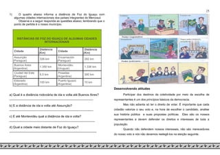 25
1) O quadro abaixo informa a distância de Foz do Iguaçu com
algumas cidades internacionais dos países integrantes do Mercosul.
Observe e a seguir responda as questões abaixo, lembrando que o
ponto de partida é o nosso município.
DISTÂNCIAS DE FOZ DO IGUAÇU DE ALGUMAS CIDADES
INTERNACIONAIS
Cidade
Distância
(Km)
Cidade
Distância
(Km)
Assunção
(Paraguai)
326 km
Encarnación
(Paraguai)
282 km
Buenos Aires
(Argentina)
1.350 km
Montevidéu
(Uruguai)
1.336 km
Ciudad del Este
(Paraguai)
6,5 km
Posadas
(Argentina)
300 km
Eldorado
(Argentina)
100 km
Puerto Iguazú
(Argentina)
10 km
a) Qual é a distância rodoviária de ida e volta até Buenos Aires?
________________________________________________
b) E a distância de ida e volta até Assunção?
________________________________________________
c) E até Montevidéu qual a distância de ida e volta?
_________________________________________________
d) Qual a cidade mais distante de Foz do Iguaçu?
__________________________________________________
Desenvolvendo atitudes
Participar dos destinos da coletividade por meio da escolha de
representantes é um dos princípios básicos da democracia.
Mas não adianta só ter o direito de votar. É importante que cada
cidadão valorize o seu voto e, na hora de escolher o candidato, analise
sua história pública e suas propostas políticas. Eles são os nossos
representantes e devem defender os direitos e interesses de toda a
população.
Quando não defendem nossos interesses, não são merecedores
do nosso voto e nós não devemos reelegê-los na eleição seguinte.
 