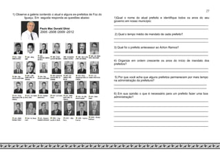 27
1) Observe a galeria contendo o atual e alguns ex-prefeitos de Foz do
Iguaçu. Em seguida responda as questões abaixo:
Paulo Mac Donald Ghisi
2005 -2008 /2009 -2012
1)Qual o nome do atual prefeito e identifique todos os anos do seu
governo em nosso município:
___________________________________________________________
___________________________________________________________
2) Qual o tempo médio de mandato de cada prefeito?
___________________________________________________________
___________________________________________________________
3) Qual foi o prefeito antecessor ao Aírton Ramos?
___________________________________________________________
___________________________________________________________
4) Organize em ordem crescente os anos do início de mandato dos
prefeitos?
___________________________________________________________
___________________________________________________________
5) Por que você acha que alguns prefeitos permanecem por mais tempo
na administração da prefeitura?
__________________________________________________________
__________________________________________________________
6) Em sua opinião o que é necessário para um prefeito fazer uma boa
administração?
___________________________________________________________
___________________________________________________________
___________________________________________________________
___________________________________________________________
___________________________________________________________
___________________________________________________________
 