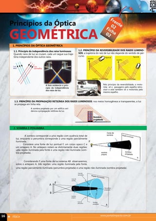 Princípios da Óptica 
geométrica 
Frente 
Ficha 
02 
02 
1. PRINCÍPIOS DA ÓPTICA GEOMÉTRICA 
1.1. Princípio da independência dos raios luminosos: 
Quando raios de luz se cruzam, cada um segue sua traje-tória 
independente dos outros raios. 
Luz 
azul 
Luz 
vermelha 
A foto evidencia o prin-cípio 
da independência 
dos raios de luz. 
1.2. PRINCÍPIO DA REVERSIBILIDADE DOS RAIOS LUMINO-SOS: 
a trajetória do raio de luz não depende do sentido de per-curso. 
figura a figura b 
espelho 
espelho 
espelho espelho 
Pelo princípio da reversibilidade, o moto-rista 
vê o passageiro pelo espelho retro-visor 
e este também vê o motorista pelo 
mesmo espelho. 
1.3. PRINCÍPIO DA PROPAGAÇÃO RETILÍNEA DOS RAIOS LUMINOSOS: nos meios homogêneos e transparentes, a luz 
se propaga em linha reta. 
A sombra projetada por um edifício evi-dencia 
a propagação retilínea da luz. 
A sombra corresponde a uma região com ausência total de 
luz, enquanto a penumbra corresponde a uma região parcialmente 
iluminada. 
Considere uma fonte de luz pontual F, um corpo opaco C e 
um anteparo A. No anteparo notam-se distintamente duas regiões: 
uma região iluminada pela fonte e uma região não-iluminada (som-bra 
projetada). 
Considerando F uma fonte de luz extensa AB observaremos, 
Cone de 
sombra Região iluminada 
sombra 
própria 
sombra 
projetada 
F 
sobre o anteparo A, três regiões: uma região iluminada pela fonte, 
uma região parcialmente iluminada (penumbra projetada) e uma região não-iluminada (sombra projetada). 
Cone de 
sombra 
16 n FÍSICA www.portalimpacto.com.br 
A 
projetad 
A 
B 
Sombra 
própria 
Cone de 
penumbra 
F 
Cone de 
penumbra 
Sombra 
projetada 
Penumbra 
a 
Região iluminada 
A 
2. SOMBRA E PENUMBRA 
 