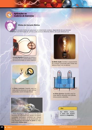 Aplicações no 
Caderno de Exercícios 
Efeitos da Corrente Elétrica 
A corrente elétrica, ao passar por um determindo condutor, dependendo de sua natureza 
e também da intensidade da corrente, pode produzir diferentes efeitos, dos quais destacam-se: 
a) Efeito Magnético: Quando um condutor é 
percorrido por uma corrente elétrica, produz 
nas suas proximidades um campo magnético. 
b) Efeito Joule: Constitui o aquecimento 
do condutor, provocado pela colisão dos 
elétrons livres com os átomos 
c) Efeito Luminoso: Quando uma cor-rente 
elétrica atravessa um gás, sob bai-xa 
pressão, ocorre emissão de luz. 
d) Efeito Químico: Quando uma cor-rente 
elétrica atravessa uma solução 
iônica ocorre a eletrólise. 
Obs: 
dos efeitos citados, 
o único que sempre 
ocorre é o magnético 
e) Efeito Fisiológico: Quando a corrente elétrica 
atravessa um organismo vivo, produz no mesmo 
contrações musculares, conhecids por choque 
elétrico. O ser humano, ao ser atravessado por 
uma corrente de intensidade de 10mA ou mais, 
pode sofrer efeitos fatais. 
25 n FÍSICA www.portalimpacto.com.br 
 