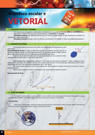 Grandeza escalar e 
vetorial 
Frente 
Ficha 
04 
01 
1 . GRANDEZA ESCALAR E VETORIAL 
Tudo aquilo que conseguimos medir, pode ser considerado uma grandeza física (ex: distância, velocidade e etc...) 
Basicamente, existem dois tipos de grandezas físicas: as escalares e as vetoriais. 
Grandezas escalares: são definidas apenas por um número e uma unidade (o que chamamos de módulo): Ex 
temperatura, massa,volume,etc,... 
Grandezas vetoriais: precisam, além do módulo, uma direção e um sentido. ex: força, velocidade,aceleração,etc... 
2 . CONCEITO DE FORÇA 
É toda causa capaz de provocar num corpo uma modificação de movimento ou uma 
deformação. 
Decomposição de Forças: O balão ao lado está soltando ar, é possível observar que ele se 
desloca ao mesmo tempo na horizontal e na vertical, ou seja, dois efeitos visíveis. Mesmo 
assim, estes deslocamentos são provocados pela ação de uma única força. 
Cada um desses deslocamentos, por exemplo, é provocado por uma parcela da força 
aplicada. Cada parcela recebe o nome de componente. 
F = 5 
Determinação das componentes: Qualquer força pode ser decomposta utilizando o plano cartesiano como 
referencial de orientação. No exemplo, teremos uma componente da força F na horizontal que chamaremos de FX e uma 
componente da força F da vertical que chamaremos de FY. (ver figura) 
São essas componentes, FX e FY, as responsáveis pelo deslocamento do balão nas direções horizontal e vertical 
simultaneamente. 
Observe que podemos construir um triângulo com essas forças da seguinte maneira: 
Decomposição de força 
y 
x 
F 
Fx = F.cos 
Fy = F senθ 
θ 
θ 
3 . TIPOS DE FORÇAS 
As forças trocadas entre os corpos podem ser de contato ou de campo (ação à distância). Destacamos, a seguir, 
as orientações (direção e sentido) de algumas dessas forças que usaremos na Dinâmica. 
A. Força Peso 
Denomina-se força peso a força de campo gravitacional que a Terra exerce sobre qualquer objeto colocado pró-ximo 
à sua superfície. Ela tem direção vertical e sentido para baixo. 
P 
P = m.g 
P 
Terra 
32 n FÍSICA www.portalimpacto.com.br 
 