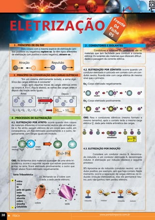ELETRIZAÇÃO 
Frente 
Ficha 
04 
05 
1 . PRÍNCIPIO DE DU FAY 2 . CONDUTORES E ISOLANTES 
Dois corpos com a mesma espécie de eletrização (am-bos 
positivos ou negativos) replem-se. Se têm tipos diferentes 
de eletrização (um positivo e outro negativo), atraem-se. 
Atração Repulsão 
+ - + + 
Condutores e isolantes: Os condutores são os 
materiais que tem facilidade para conduzir a corrente 
elétrica. Os isolantes são materiais que oferecem dificul-dades 
a passagem da corrente elétrica. 
3 . PRINCÍPIO DA CONSERVAÇÃO DAS CARGAS ELÉTRICAS 
“Em um sistema eletricamente isolado, a soma algé-brica 
das cargas elétricas é constante”. 
Logo, após algumas trocas de cargas elétricas entre 
os corpos A, B e C (figura abaixo), as somas das cargas antes e 
depois das trocas serão iguais. 
Antes Depois 
QQA 
c 
A A 
QB 
Após trocas 
de cargas 
Q’A 
C C 
B B 
Q’c 
Q’B 
QA + QB +QC = Q’A + Q’B + Q’C ΣQantes = ΣQdepois 
4 . PROCESSOS DE ELETRIZAÇÃO 
4.1. ELETRIZAÇÃO POR ATRITO: ocorre quando dois corpos 
de materiais diferentes e inicialmente neutros são atritados en-tre 
si. No atrito, passam elétrons de um corpo para outro, em 
conseqüência, um fica eletrizado positivamente e o outro, ne-gativamente, 
com cargas iguais em módulo. 
+ 
+ 
- 
+ 
- 
- 
A 
corpo 
neutro 
B 
corpo 
neutro 
QB QA 
- 
- - 
+ 
+ + 
QA = Q B 
OBS: Ao atritarmos dois materiais quaisquer de uma série tri-boelétrica, 
ocorre o seguinte: aquele que estiver posicionado 
acima, na série, ficará eletrizado positivamente; o outro que 
estiver abaixo ficará eletrizado negativamente. 
Ex: Atritando-se o cobre com 
a seda, a seda perde elétrons. 
+ 
+ 
+ 
+ 
+ 
+ + 
- 
+ 
Série Triboelétrica 
+ 
cobre 
vidro 
mica 
lã 
pele de gado 
seda 
algodão 
ebonite 
cobre 
enxofre 
Celulóide 
seda 
4.2. ELETRIZAÇÃO POR CONTATO: ocorre quando um 
condutor eletrizado é colocado em contato com um con-dutor 
neutro, ficando este com carga elétrica de mesmo 
sinal que o primeiro. 
Ex1: Corpo eletrizado negativamente. 
Ex2: Corpo eletrizado positivamente. 
OBS: Para n condutores idênticos (mesmo formato e 
mesmo tamanho), após o contato terão a mesma carga 
elétrica Q’, dada pela média aritmética das cargas. 
4.3. ELETRIZAÇÃO POR INDUÇÃO 
Considere um condutor neutro B, denomina-do 
induzido, e um condutor eletrizado A, denominado 
indutor. A eletrização por indução obedece o seguinte 
processo: 
1o) Aproxima-se do induzido (condutor neutro) um in-dutor 
positivo, por exemplo, sem que haja contato. Neste 
momento, ocorre a separação de cargas elétricas no in-duzido 
(indução eletrostática), mas ele permanece neu-tro, 
pois não ganhou nem perdeu elétrons. 
induzido indutor induzido indutor 
38 n FÍSICA www.portalimpacto.com.br 
 