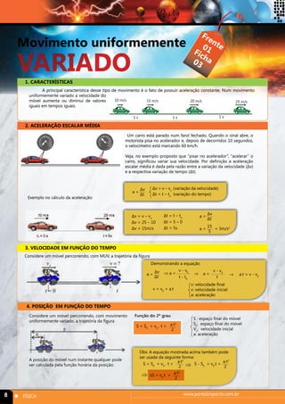Movimento uniformemente 
variado 
Frente 
Ficha 
01 
03 
1. CARACTERÍSTICAS 
A principal característica desse tipo de movimento é o fato de possuir aceleração constante. Num movimento 
uniformemente variado a velocidade do 
móvel aumenta ou diminui de valores 
iguais em tempos iguais. 
10 m/s 
15 m/s 20 m/s 25 m/s 
1 s 1 s 1 s 
2. ACELERAÇÃO ESCALAR MÉDIA 
Exemplo no cálculo da aceleração: 
3. VELOCIDADE EM FUNÇÃO DO TEMPO 
Considere um móvel percorrendo, com MUV, a trajetória da figura 
4. POSIÇÃO EM FUNÇÃO DO TEMPO 
Um carro está parado num farol fechado. Quando o sinal abre, o 
motorista pisa no acelerador e, depois de decorridos 10 segundos, 
o velocímetro está marcando 60 km/h. 
Veja, no exemplo proposto que “pisar no acelerador”, “acelerar” o 
carro, significou variar sua velocidade. Por definição a aceleração 
escalar média é dada pela razão entre a variação da velocidade (Δv) 
e a respectiva variação de tempo (Δt). 
Δv = v – vo (variação da velocidade) 
Δt = t – to (variação do tempo) 
Δv 
a = Δt 
Δv = v – vo 
Δv = 25 – 10 
Δv = 15m/s 
Δt = t – to 
Δt = 5 – 0 
Δt = 5s 
Δv 
a = Δt 
15 
a = 5 = 3m/s2 
Demonstrando a equação 
Δv 
v - v0 v - v0 
t - t0 
⇒ a = a = 
⇒ 
v: velocidade final 
v: velocidade inicial 
a: aceleração 
a = Δt t → a.t = v - v0 
v = v0 + a.t 
Função do 2º grau 
a.t2 
2 
Considere um móvel percorrendo, com movimento 
uniformemente variado, a trajetória da figura 
S : espaço final do móvel 
S0: espaço final do móvel 
V0: velocidade inicial 
a: aceleração 
S = S0 + v0 . t + 
Obs: A equação mostrada acima também pode 
ser usada da seguinte forma: 
S = S0 + v0 . t + S - S0 = v0a.t .t + 2 
2 
a.t2 
2 
a.t2 
⇒ 2 
⇒ ΔS = v0.t + 
A posição do móvel num instante qualquer pode 
ser calculada pela função horária da posição: 
8 n FÍSICA www.portalimpacto.com.br 
 