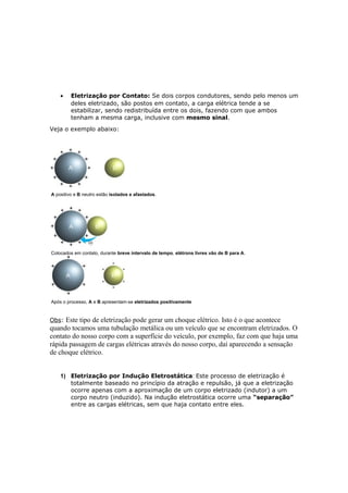 • Eletrização por Contato: Se dois corpos condutores, sendo pelo menos um
deles eletrizado, são postos em contato, a carga elétrica tende a se
estabilizar, sendo redistribuída entre os dois, fazendo com que ambos
tenham a mesma carga, inclusive com mesmo sinal.
Veja o exemplo abaixo:
A positivo e B neutro estão isolados e afastados.
Colocados em contato, durante breve intervalo de tempo, elétrons livres vão de B para A.
Após o processo, A e B apresentam-se eletrizados positivamente
Obs: Este tipo de eletrização pode gerar um choque elétrico. Isto é o que acontece
quando tocamos uma tubulação metálica ou um veículo que se encontram eletrizados. O
contato do nosso corpo com a superfície do veículo, por exemplo, faz com que haja uma
rápida passagem de cargas elétricas através do nosso corpo, daí aparecendo a sensação
de choque elétrico.
1) Eletrização por Indução Eletrostática: Este processo de eletrização é
totalmente baseado no princípio da atração e repulsão, já que a eletrização
ocorre apenas com a aproximação de um corpo eletrizado (indutor) a um
corpo neutro (induzido). Na indução eletrostática ocorre uma “separação”
entre as cargas elétricas, sem que haja contato entre eles.
 