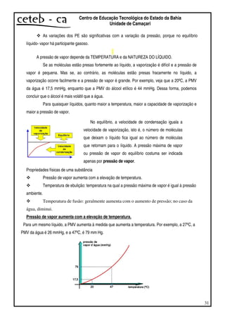 31
Centro de Educação Tecnológica do Estado da Bahia
Unidade de Camaçari
As variações dos PE são significativas com a variação da pressão, porque no equilíbrio
líquido- vapor há participante gasoso.
A pressão de vapor depende da TEMPERATURA e da NATUREZA DO LÍQUIDO.
Se as moléculas estão presas fortemente ao líquido, a vaporização é difícil e a pressão de
vapor é pequena. Mas se, ao contrário, as moléculas estão presas fracamente no líquido, a
vaporização ocorre facilmente e a pressão de vapor é grande. Por exemplo, veja que a 20ºC, a PMV
da água é 17,5 mmHg, enquanto que a PMV do álcool etílico é 44 mmHg. Dessa forma, podemos
concluir que o álcool é mais volátil que a água.
Para quaisquer líquidos, quanto maior a temperatura, maior a capacidade de vaporização e
maior a pressão de vapor.
Propriedades físicas de uma substância
Pressão de vapor aumenta com a elevação de temperatura.
Temperatura de ebulição: temperatura na qual a pressão máxima de vapor é igual à pressão
ambiente.
Temperatura de fusão: geralmente aumenta com o aumento de pressão; no caso da
água, diminui.
Pressão de vapor aumenta com a elevação de temperatura.
Para um mesmo líquido, a PMV aumenta à medida que aumenta a temperatura. Por exemplo, a 27ºC, a
PMV da água é 26 mmHg, e a 47ºC, é 79 mm Hg.
No equilíbrio, a velocidade de condensação iguala a
velocidade de vaporização, isto é, o número de moléculas
que deixam o líquido fica igual ao número de moléculas
que retornam para o líquido. A pressão máxima de vapor
ou pressão de vapor do equilíbrio costuma ser indicada
apenas por pressão de vapor.
 