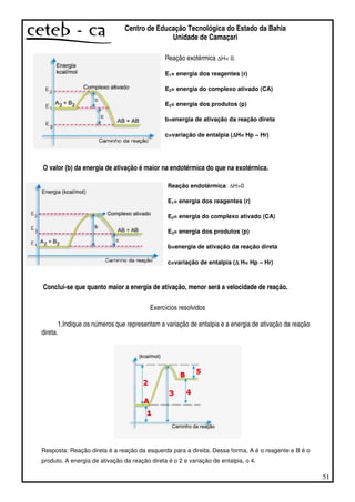 51
Centro de Educação Tecnológica do Estado da Bahia
Unidade de Camaçari
Reação exotérmica ∆H< 0.
E1= energia dos reagentes (r)
E2= energia do complexo ativado (CA)
E3= energia dos produtos (p)
b=energia de ativação da reação direta
c=variação de entalpia (∆∆∆∆H= Hp – Hr)
O valor (b) da energia de ativação é maior na endotérmica do que na exotérmica.
Reação endotérmica: ∆H>0
E1= energia dos reagentes (r)
E2= energia do complexo ativado (CA)
E3= energia dos produtos (p)
b=energia de ativação da reação direta
c=variação de entalpia (∆∆∆∆ H= Hp – Hr)
Conclui-se que quanto maior a energia de ativação, menor será a velocidade de reação.
Exercícios resolvidos
1.Indique os números que representam a variação de entalpia e a energia de ativação da reação
direta.
Resposta: Reação direta é a reação da esquerda para a direita. Dessa forma, A é o reagente e B é o
produto. A energia de ativação da reação direta é o 2 e variação de entalpia, o 4.
 