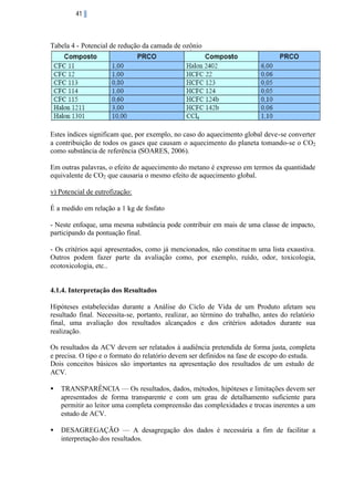 41

Tabela 4 - Potencial de redução da camada de ozônio

Estes índices significam que, por exemplo, no caso do aquecimento global deve-se converter
a contribuição de todos os gases que causam o aquecimento do planeta tomando-se o CO2
como substância de referência (SOARES, 2006).
Em outras palavras, o efeito de aquecimento do metano é expresso em termos da quantidade
equivalente de CO2 que causaria o mesmo efeito de aquecimento global.
v) Potencial de eutrofização:
É a medido em relação a 1 kg de fosfato
- Neste enfoque, uma mesma substância pode contribuir em mais de uma classe de impacto,
participando da pontuação final.
- Os critérios aqui apresentados, como já mencionados, não constitue m uma lista exaustiva.
Outros podem fazer parte da avaliação como, por exemplo, ruído, odor, toxicologia,
ecotoxicologia, etc..

4.1.4. Interpretação dos Resultados
Hipóteses estabelecidas durante a Análise do Ciclo de Vida de um Produto afetam seu
resultado final. Necessita-se, portanto, realizar, ao término do trabalho, antes do relatório
final, uma avaliação dos resultados alcançados e dos critérios adotados durante sua
realização.
Os resultados da ACV devem ser relatados à audiência pretendida de forma justa, completa
e precisa. O tipo e o formato do relatório devem ser definidos na fase de escopo do estuda.
Dois conceitos básicos são importantes na apresentação dos resultados de um estudo de
ACV.
•

TRANSPARÊNCIA — Os resultados, dados, métodos, hipóteses e limitações devem ser
apresentados de forma transparente e com um grau de detalhamento suficiente para
permitir ao leitor uma completa compreensão das complexidades e trocas inerentes a um
estudo de ACV.

•

DESAGREGAÇÃO — A desagregação dos dados é necessária a fim de facilitar a
interpretação dos resultados.

 