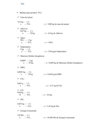54

§

Balanço para produzir 70 L.

ü Cana de açúcar:
14,3 kg — 1 L
x — 70 L

.: x = 1000 kg de cana-de-açúcar

ü Aditivos:
0,07 kg — 1 L
x
— 70 kg

.: x = 4,9 kg de Aditivos

ü Água:
80 L — 1 kg
x — 70 L

.: x = 560 L

ü Subprodutos:
5 kg — 1 L
x — 70 L

.: x = 350 kg de Subprodutos

ü Materiais Sólidos Inorgânicos:
0,0087 — 1 kg
x — 70 kg

.: x = 0,609 kg de Materiais Sólidos Inorgânicos

ü DBO:
0,0052 kg — 1 L
x
— 70 kg

.: x = 0,360 kg de DBO

ü CO2 :
0,033 g — 1 L
x
— 70 L
ü CO:
0,04 kg — 1 L
X — 70 L

.: x = 2,31 kg de CO2

.: x = 2,8 kg

ü SO2 :
0,035 kg — 1 L
x
— 70 L

.: x = 2,45 kg de SO2

ü Energia Consumida:
150 Wh — 1 L
x
— 70 L

.: x = 10.500 Wh de Energia Consumida

 