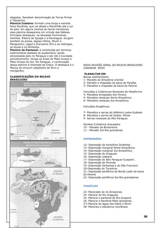 alagados. Recebem denominação de Terras firmes
e Tabuleiros.
Planície Costeira: formam uma longa e estreita
faixa litorânea, que vai desde o Maranhão até o sul
do país. Em alguns trechos do litoral meridional,
essa planície desaparece em virtude das falésias.
Principais destaques: as baixadas Fluminense,
Santista, Ribeira de Iguape e a Paranaguá. Surgem
também as praias, lagoas (Patos, Miuim e
Mangueira), Lagoa e Araruama (RJ) e as restingas,
as dunas e os tômbolos.
Planície do Pantanal: é constituída por terrenos
sedimentares datados do quatemário, sendo
atravessada pelo rio Paraguai e por ele é inundada
periodicamente. Ocupa as áreas do Mato Grosso e
Mato Grosso do Sul. No Paraguai, a continuação
dessa planície é chamada de Chaco. O destaque é o
Maciço do Urucum (depósitos de ferro e
manganês).
CLASSIFICAÇÕES DO RELEVO
BRASILEIRO

NOVA DIVISÃO GERAL DO RELEVO BRASILEIRO
JURANDIR ROSS
PLANALTOS EM:
Bacias sedimentares
1- Planalto do Amazônia oriental
2- Planalto e chapadas da bacia do Paraíba
3- Planaltos e chapadas da bacia do Paraná
Intrusões e Coberturas Residuais de Plataforma
4- Planaltos echapadas dos Perecis
5- Planaltos residuais Norte-Amazônico
6- Planaltos residuais Sul-Amazônico
Intrusões Orogênicos
7- Planaltos e serras do Atlântico Leste-Sudeste
8- Planaltos e serras de Goiáss -Minas
9- Serras residuais do Alto Paraguai
Núcleos Cristalinos Arqueados
10 - Planalto da Borborema
11 - Planalto Sul-Rio-grandense
DEPRESSÕES
12- Depressão da Amazônia Ocidental
13 -Depressão marginal Norte-Amazônica
14 -Depressão marginal Sul-Amazônlca .
15 -Depressão do Araguaia
16 -Depressão uiabana
17 -Depressão do Alto Paraguai-Guaporé .
18 -Depressão do Miranda
19 -Depressão Sertaneja e do São Francisco
2O-Depressão do Tocantins
21- Depressão periférica da Borda Leste da bacia
do Paraná
22- Depressão periférica Sul-Rio-granadense
PlANÍCIES
23 -Planíciede do rio Amazonas
24 -Planície do Rio Araguaia
25 -Planície e pantanal do Rio Guaporé
26 -Planície e Pantanal Mato-grossense
2'7-Planície da lagoa dos Patos e Mirim
28 -Planícies e tabuleiros Litorâneos

30

 