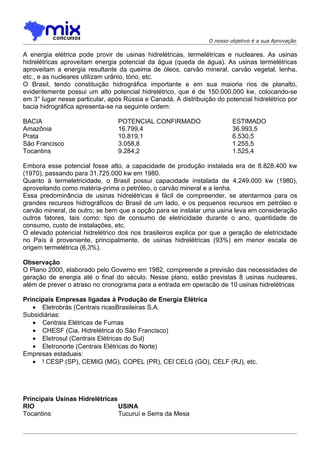 O nosso objetivo é a sua Aprovação

A energia elétrica pode provir de usinas hidrelétricas, termelétricas e nucleares. As usinas
hidrelétricas aproveitam energia potencial da água (queda de água). As usinas termelétricas
aproveitam a energia resultante da queima de óleos, carvão mineral, carvão vegetal, lenha,
etc., e as nucleares utilizam urânio, tório, etc.
O Brasil, tendo constituição hidrográfica importante e em sua maioria rios de planalto,
evidentemente possui um alto potencial hidrelétrico, que é de 150.000.000 kw, colocando-se
em 3° lugar nesse particular, após Rússia e Canadá. A distribuição do potencial hidrelétrico por
bacia hidrográfica apresenta-se na seguinte ordem:

BACIA                            POTENCIAL CONFIRMADO                     ESTIMADO
Amazônia                         16.799,4                                 36.993,5
Prata                            10.819,1                                 6.530,5
São Francisco                    3.058,8                                  1.255,5
Tocantins                        9.284,2                                  1.525,4

Embora esse potencial fosse alto, a capacidade de produção instalada era de 8.828.400 kw
(1970), passando para 31.725.000 kw em 1980.
Quanto à termeletricidade, o Brasil possui capacidade instalada de 4.249.000 kw (1980),
aproveitando como matéria-prima o petróleo, o carvão mineral e a lenha.
Essa predominância de usinas hidrelétricas é fácil de compreender, se atentarmos para os
grandes recursos hidrográficos do Brasil de um lado, e os pequenos recursos em petróleo e
carvão mineral, de outro; se bem que a opção para se instalar uma usina leva em consideração
outros fatores, tais como: tipo de consumo de eletricidade durante o ano, quantidade de
consumo, custo de instalações, etc.
O elevado potencial hidrelétrico dos rios brasileiros explica por que a geração de eletricidade
no País é proveniente, principalmente, de usinas hidrelétricas (93%) em menor escala de
origem termelétrica (6,3%).

Observação
O Plano 2000, elaborado pelo Governo em 1982, compreende a previsão das necessidades de
geração de energia até o final do século. Nesse plano, estão previstas 8 usinas nucleares,
além de prever o atraso no cronograma para a entrada em operacão de 10 usinas hidrelétricas

Principais Empresas ligadas à Produção de Energia Elétrica
   • Eletrobrás (Centrais ricasBrasileiras S.A.
Subsidiárias:
   • Centrais Elétricas de Furnas
   • CHESF (Cia. Hidrelétrica do São Francisco)
   • Eletrosul (Centrais Elétricas do Sul)
   • Eletronorte (Centrais Elétricas do Norte)
Empresas estaduais:
   • ! CESP (SP), CEMIG (MG), COPEL (PR), CEl CELG (GO), CELF (RJ), etc.




Principais Usinas Hidrelétricas
RIO                             USINA
Tocantins                       Tucuruí e Serra da Mesa
 