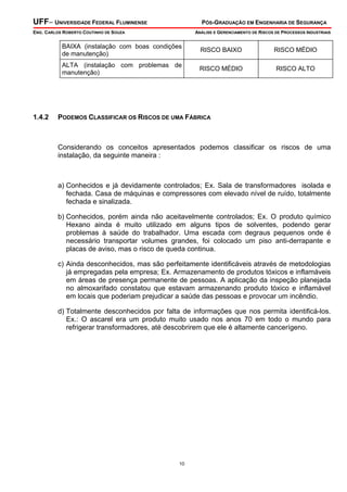 UFF– UNIVERSIDADE FEDERAL FLUMINENSE

PÓS-GRADUAÇÃO EM ENGENHARIA DE SEGURANÇA

ENG. CARLOS ROBERTO COUTINHO DE SOUZA

ANÁLISE E GERENCIAMENTO DE RISCOS DE PROCESSOS INDUSTRIAIS

BAIXA (instalação com boas condições
de manutenção)

RISCO MÉDIO

ALTA (instalação com problemas de
manutenção)

1.4.2

RISCO BAIXO
RISCO MÉDIO

RISCO ALTO

PODEMOS CLASSIFICAR OS RISCOS DE UMA FÁBRICA

Considerando os conceitos apresentados podemos classificar os riscos de uma
instalação, da seguinte maneira :

a) Conhecidos e já devidamente controlados; Ex. Sala de transformadores isolada e
fechada. Casa de máquinas e compressores com elevado nível de ruído, totalmente
fechada e sinalizada.
b) Conhecidos, porém ainda não aceitavelmente controlados; Ex. O produto químico
Hexano ainda é muito utilizado em alguns tipos de solventes, podendo gerar
problemas à saúde do trabalhador. Uma escada com degraus pequenos onde é
necessário transportar volumes grandes, foi colocado um piso anti-derrapante e
placas de aviso, mas o risco de queda continua.
c) Ainda desconhecidos, mas são perfeitamente identificáveis através de metodologias
já empregadas pela empresa; Ex. Armazenamento de produtos tóxicos e inflamáveis
em áreas de presença permanente de pessoas. A aplicação da inspeção planejada
no almoxarifado constatou que estavam armazenando produto tóxico e inflamável
em locais que poderiam prejudicar a saúde das pessoas e provocar um incêndio.
d) Totalmente desconhecidos por falta de informações que nos permita identificá-los.
Ex.: O ascarel era um produto muito usado nos anos 70 em todo o mundo para
refrigerar transformadores, até descobrirem que ele é altamente cancerígeno.

10

 