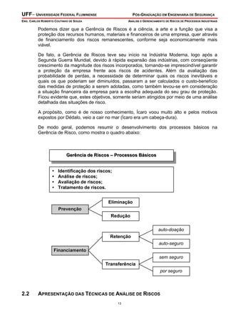 UFF– UNIVERSIDADE FEDERAL FLUMINENSE

PÓS-GRADUAÇÃO EM ENGENHARIA DE SEGURANÇA

ENG. CARLOS ROBERTO COUTINHO DE SOUZA

ANÁLISE E GERENCIAMENTO DE RISCOS DE PROCESSOS INDUSTRIAIS

Podemos dizer que a Gerência de Riscos é a ciência, a arte e a função que visa a
proteção dos recursos humanos, materiais e financeiros de uma empresa, quer através
de financiamento dos riscos remanescentes, conforme seja economicamente mais
viável.
De fato, a Gerência de Riscos teve seu início na Indústria Moderna, logo após a
Segunda Guerra Mundial, devido à rápida expansão das indústrias, com conseqüente
crescimento da magnitude dos riscos incorporados, tornando-se imprescindível garantir
a proteção da empresa frente aos riscos de acidentes. Além da avaliação das
probabilidade de perdas, a necessidade de determinar quais os riscos inevitáveis e
quais os que poderiam ser diminuídos, passaram a ser calculados o custo-benefício
das medidas de proteção a serem adotadas, como também levou-se em consideração
a situação financeira da empresa para a escolha adequada do seu grau de proteção.
Ficou evidente que, estes objetivos, somente seriam atingidos por meio de uma análise
detalhada das situações de risco.
A propósito, como é de nosso conhecimento, Ícaro voou muito alto e pelos motivos
expostos por Dédalo, veio a cair no mar (Ícaro era um cabeça-dura).
De modo geral, podemos resumir o desenvolvimento dos processos básicos na
Gerência de Risco, como mostra o quadro abaixo:

Gerência de Riscos – Processos Básicos
•
•
•
•

Identificação dos riscos;
Análise de riscos;
Avaliação de riscos;
Tratamento de riscos.
Eliminação
Prevenção
Redução
auto-doação
Retenção
auto-seguro

Financiamento
sem seguro
Transferência
por seguro

2.2

APRESENTAÇÃO DAS TÉCNICAS DE ANÁLISE DE RISCOS
13

 