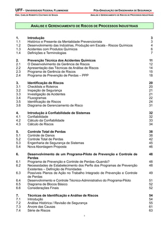 UFF– UNIVERSIDADE FEDERAL FLUMINENSE

PÓS-GRADUAÇÃO EM ENGENHARIA DE SEGURANÇA

ENG. CARLOS ROBERTO COUTINHO DE SOUZA

ANÁLISE E GERENCIAMENTO DE RISCOS DE PROCESSOS INDUSTRIAIS

ANÁLISE E GERENCIAMENTO DE RISCOS DE PROCESSOS INDUSTRIAIS
1.
1.1
1.2
1.3
1.4

Introdução
Histórico e Presente da Mentalidade Prevencionista
Desenvolvimento das Indústrias, Produção em Escala - Riscos Químicos
Acidentes com Produtos Químicos
Definições e Terminologias

2.
2.1
2.2
2.3
2.4

Prevenção Técnica dos Acidentes Químicos
O Desenvolvimento da Gerência de Riscos
Apresentação das Técnicas de Análise de Riscos
Programa de Gerência de Riscos
Programa de Prevenção de Perdas – PPP

11
12
14
15
18

3.
3.1
3.2
3.3
3.4
3.5
3.6

Identificação de Riscos
Checklists e Roteiros
Inspeção de Segurança
Investigação de Acidentes
Fluxogramas
Identificação de Riscos
Diagrama de Gerenciamento de Risco

20
20
21
21
22
24
31

4.
4.1
4.2
4.3

Introdução à Confiabilidade de Sistemas
Confiabilidade
Cálculo da Confiabilidade
Cálculo de Riscos

32
32
33
34

5.
5.1
5.2
5.3
5.4

Controle Total de Perdas
Controle de Danos
Controle Total de Perdas
Engenharia de Segurança de Sistemas
Nova Abordagem Proposta

38
38
42
45
46

6.

48

6.4
6.5
6.6

Desenvolvimento de um Programa-Piloto de Prevenção e Controle de
Perdas
Programa de Prevenção e Controle de Perdas–Quando?
Necessidades de Estabelecimento dos Perfis dos Programas de Prevenção
Existentes – Definição de Prioridades
Possíveis Planos de Ação no Trabalho Integrado de Prevenção e Controle
de Perdas
Desenvolvimento e Controle Técnico-Administrativo do Programa-Piloto
Diagrama de Blocos Básico
Considerações Finais

51
52
52

7.
7.1
7.2
7.3
7.4

Técnicas de Identificação e Análise de Riscos
Introdução
Análise Histórica / Revisão de Segurança
Árvore das Causas
Série de Riscos

54
54
55
61
63

6.1
6.2
6.3

1

3
3
4
6
7

48
48
49

 