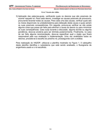 UFF– UNIVERSIDADE FEDERAL FLUMINENSE PÓS-GRADUAÇÃO EM ENGENHARIA DE SEGURANÇA
ENG. CARLOS ROBERTO COUTINHO DE SOUZA ANÁLISE E GERENCIAMENTO DE RISCOS DE PROCESSOS INDUSTRIAIS
103
Erro! Vínculo não válido.
3) Aplicação das palavras-guias, verificando quais os desvios que são possíveis de
ocorrer naquele nó. Para cada desvio, investigar as causas possíveis de provoca-lo,
procurando levantar todas as causas. Para cada uma das causas, verificar quais são
os meios disponíveis na unidade/sistema para detecção desta causa e quais seriam
as suas possíveis conseqüências. Em seguida, procura-se verificar se não existe
alguma coisa que possa ser feita para eliminar a causa do desvio ou para minimizar
as suas conseqüências. Caso surja durante a discussão, alguma dúvida ou alguma
pendência, deve-se anotá-la para ser dirimida posteriormente. Finalmente, no caso
de ser feita alguma recomendação, deve-se especificar qual o órgão que ficará
responsável pela sua avaliação e implementação. Uma vez analisados todos os
desvios, procede-se á escolha do próximo nó, prosseguindo com a análise.
Para realização do HAZOP, utiliza-se a planilha mostrada na Figura 1. 0 cabeçalho
desta planilha identifica o subsistema que está sendo analisado, o fluxograma de
engenharia usado e o nó escolhido.
 