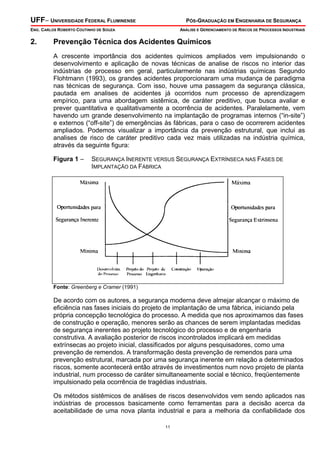 UFF– UNIVERSIDADE FEDERAL FLUMINENSE PÓS-GRADUAÇÃO EM ENGENHARIA DE SEGURANÇA
ENG. CARLOS ROBERTO COUTINHO DE SOUZA ANÁLISE E GERENCIAMENTO DE RISCOS DE PROCESSOS INDUSTRIAIS
11
2. Prevenção Técnica dos Acidentes Químicos
A crescente importância dos acidentes químicos ampliados vem impulsionando o
desenvolvimento e aplicação de novas técnicas de analise de riscos no interior das
indústrias de processo em geral, particularmente nas indústrias químicas Segundo
Flohtmann (1993), os grandes acidentes proporcionaram uma mudança de paradigma
nas técnicas de segurança. Com isso, houve uma passagem da segurança clássica,
pautada em analises de acidentes já ocorridos num processo de aprendizagem
empírico, para uma abordagem sistêmica, de caráter preditivo, que busca avaliar e
prever quantitativa e qualitativamente a ocorrência de acidentes. Paralelamente, vem
havendo um grande desenvolvimento na implantação de programas internos (“in-site”)
e externos (“off-site”) de emergências às fábricas, para o caso de ocorrerem acidentes
ampliados. Podemos visualizar a importância da prevenção estrutural, que inclui as
analises de risco de caráter preditivo cada vez mais utilizadas na indústria química,
através da seguinte figura:
Figura 1 – SEGURANÇA INERENTE VERSUS SEGURANÇA EXTRÍNSECA NAS FASES DE
IMPLANTAÇÃO DA FÁBRICA
Fonte: Greenberg e Cramer (1991)
De acordo com os autores, a segurança moderna deve almejar alcançar o máximo de
eficiência nas fases iniciais do projeto de implantação de uma fábrica, iniciando pela
própria concepção tecnológica do processo. A medida que nos aproximamos das fases
de construção e operação, menores serão as chances de serem implantadas medidas
de segurança inerentes ao projeto tecnológico do processo e de engenharia
construtiva. A avaliação posterior de riscos incontrolados implicará em medidas
extrínsecas ao projeto inicial, classificados por alguns pesquisadores, como uma
prevenção de remendos. A transformação desta prevenção de remendos para uma
prevenção estrutural, marcada por uma segurança inerente em relação a determinados
riscos, somente acontecerá então através de investimentos num novo projeto de planta
industrial, num processo de caráter simultaneamente social e técnico, freqüentemente
impulsionado pela ocorrência de tragédias industriais.
Os métodos sistêmicos de análises de riscos desenvolvidos vem sendo aplicados nas
indústrias de processos basicamente como ferramentas para a decisão acerca da
aceitabilidade de uma nova planta industrial e para a melhoria da confiabilidade dos
 