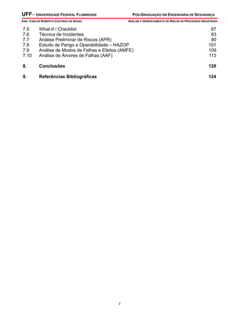 UFF– UNIVERSIDADE FEDERAL FLUMINENSE PÓS-GRADUAÇÃO EM ENGENHARIA DE SEGURANÇA
ENG. CARLOS ROBERTO COUTINHO DE SOUZA ANÁLISE E GERENCIAMENTO DE RISCOS DE PROCESSOS INDUSTRIAIS
2
7.5 What-If / Checklist 67
7.6 Técnica de Incidentes 83
7.7 Análise Preliminar de Riscos (APR) 90
7.8 Estudo de Perigo e Operabilidade – HAZOP 101
7.9 Análise de Modos de Falhas e Efeitos (AMFE) 109
7.10 Análise de Árvores de Falhas (AAF) 113
8. Conclusões 120
9. Referências Bibliográficas 124
 