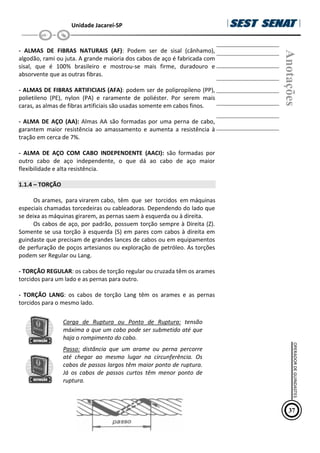 Unidade Jacareí-SP
- ALMAS DE FIBRAS NATURAIS (AF): Podem ser de sisal (cânhamo),
algodão, rami ou juta. A grande maioria dos cabos de aço é fabricada com
sisal, que é 100% brasileiro e mostrou-se mais firme, duradouro e
absorvente que as outras fibras.
- ALMAS DE FIBRAS ARTIFICIAIS (AFA): podem ser de polipropileno (PP),
polietileno (PE), nylon (PA) e raramente de poliéster. Por serem mais
caras, as almas de fibras artificiais são usadas somente em cabos finos.
- ALMA DE AÇO (AA): Almas AA são formadas por uma perna de cabo,
garantem maior resistência ao amassamento e aumenta a resistência à
tração em cerca de 7%.
- ALMA DE AÇO COM CABO INDEPENDENTE (AACI): são formadas por
outro cabo de aço independente, o que dá ao cabo de aço maior
flexibilidade e alta resistência.
1.1.4 – TORÇÃO
Os arames, para virarem cabo, têm que ser torcidos em máquinas
especiais chamadas torcedeiras ou cableadoras. Dependendo do lado que
se deixa as máquinas girarem, as pernas saem à esquerda ou à direita.
Os cabos de aço, por padrão, possuem torção sempre à Direita (Z).
Somente se usa torção à esquerda (S) em pares com cabos à direita em
guindaste que precisam de grandes lances de cabos ou em equipamentos
de perfuração de poços artesianos ou exploração de petróleo. As torções
podem ser Regular ou Lang.
- TORÇÃO REGULAR: os cabos de torção regular ou cruzada têm os arames
torcidos para um lado e as pernas para outro.
- TORÇÃO LANG: os cabos de torção Lang têm os arames e as pernas
torcidos para o mesmo lado.
Carga de Ruptura ou Ponto de Ruptura: tensão
máxima a que um cabo pode ser submetido até que
haja o rompimento do cabo.
Passo: distância que um arame ou perna percorre
até chegar ao mesmo lugar na circunferência. Os
cabos de passos largos têm maior ponto de ruptura.
Já os cabos de passos curtos têm menor ponto de
ruptura.
Anotações
37
OPERADOR
DE
GUINDASTES
 
