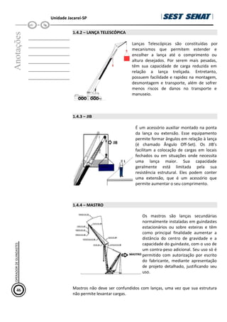 Unidade Jacareí-SP
Anotações
__________________
__________________
__________________
__________________
__________________
__________________
1.4.2 – LANÇA TELESCÓPICA
Lanças Telescópicas são constituídas por
mecanismos que permitem estender e
encolher a lança até o comprimento ou
altura desejados. Por serem mais pesadas,
têm sua capacidade de carga reduzida em
relação a lança treliçada. Entretanto,
possuem facilidade e rapidez na montagem,
desmontagem e transporte, além de sofrer
menos riscos de danos no transporte e
manuseio.
1.4.3 – JIB
É um acessório auxiliar montado na ponta
da lança ou extensão. Esse equipamento
permite formar ângulos em relação à lança
(é chamado Ângulo Off-Set). Os JIB’s
facilitam a colocação de cargas em locais
fechados ou em situações onde necessita
uma lança maior. Sua capacidade
geralmente está limitada pela sua
resistência estrutural. Eles podem conter
uma extensão, que é um acessório que
permite aumentar o seu comprimento.
1.4.4 – MASTRO
Os mastros são lanças secundárias
normalmente instaladas em guindastes
estacionários ou sobre esteiras e têm
como principal finalidade aumentar a
distância do centro de gravidade e a
capacidade do guindaste, com o uso de
um contra-peso adicional. Seu uso só é
permitido com autorização por escrito
do fabricante, mediante apresentação
de projeto detalhado, justificando seu
uso.
Mastros não deve ser confundidos com lanças, uma vez que sua estrutura
não permite levantar cargas.
46
OPERADOR
DE
GUINDASTES
 