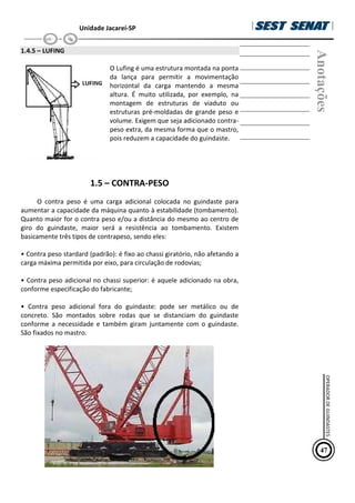 Unidade Jacareí-SP
1.4.5 – LUFING
O Lufing é uma estrutura montada na ponta
da lança para permitir a movimentação
horizontal da carga mantendo a mesma
altura. É muito utilizada, por exemplo, na
montagem de estruturas de viaduto ou
estruturas pré-moldadas de grande peso e
volume. Exigem que seja adicionado contra-
peso extra, da mesma forma que o mastro,
pois reduzem a capacidade do guindaste.
1.5 – CONTRA-PESO
O contra peso é uma carga adicional colocada no guindaste para
aumentar a capacidade da máquina quanto à estabilidade (tombamento).
Quanto maior for o contra peso e/ou a distância do mesmo ao centro de
giro do guindaste, maior será a resistência ao tombamento. Existem
basicamente três tipos de contrapeso, sendo eles:
• Contra peso stardard (padrão): é fixo ao chassi giratório, não afetando a
carga máxima permitida por eixo, para circulação de rodovias;
• Contra peso adicional no chassi superior: é aquele adicionado na obra,
conforme especificação do fabricante;
• Contra peso adicional fora do guindaste: pode ser metálico ou de
concreto. São montados sobre rodas que se distanciam do guindaste
conforme a necessidade e também giram juntamente com o guindaste.
São fixados no mastro.
Anotações
47
OPERADOR
DE
GUINDASTES
 