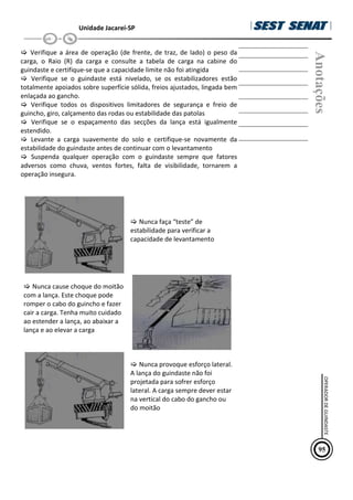Unidade Jacareí-SP
Verifique a área de operação (de frente, de traz, de lado) o peso da
carga, o Raio (R) da carga e consulte a tabela de carga na cabine do
guindaste e certifique-se que a capacidade limite não foi atingida
Verifique se o guindaste está nivelado, se os estabilizadores estão
totalmente apoiados sobre superfície sólida, freios ajustados, lingada bem
enlaçada ao gancho.
Verifique todos os dispositivos limitadores de segurança e freio de
guincho, giro, calçamento das rodas ou estabilidade das patolas
Verifique se o espaçamento das secções da lança está igualmente
estendido.
Levante a carga suavemente do solo e certifique-se novamente da
estabilidade do guindaste antes de continuar com o levantamento
Suspenda qualquer operação com o guindaste sempre que fatores
adversos como chuva, ventos fortes, falta de visibilidade, tornarem a
operação insegura.
Nunca faça “teste” de
estabilidade para verificar a
capacidade de levantamento
Nunca cause choque do moitão
com a lança. Este choque pode
romper o cabo do guincho e fazer
cair a carga. Tenha muito cuidado
ao estender a lança, ao abaixar a
lança e ao elevar a carga
Nunca provoque esforço lateral.
A lança do guindaste não foi
projetada para sofrer esforço
lateral. A carga sempre dever estar
na vertical do cabo do gancho ou
do moitão
Anotações
95
OPERADOR
DE
GUINDASTE
 