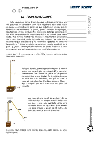 Unidade Jacareí-SP
1.3 – POLIAS OU ROLDANAS
Polia ou roldana , consta de um disco que pode girar em torno de um
eixo que passa por seu centro. Além disso, na periferia desse disco existe
um sulco, denominado gola, dentro da qual trabalha um cabo de aço de
transmissão de movimento. As polias, quanto ao modo de operação,
classificam-se em fixas e móveis. Nas fixas (ponta da lança) os mancais de
seus eixos permanecem em repouso em relação ao suporte onde foram
fixados. Nas móveis (moitão) tais mancais se movimentam juntamente
com a carga que está sendo deslocada pela máquina. Na polia fixa a
potência P é igual à resistência Q. Na polia móvel a potência P é a metade
da resistência Q. Numa associação de n roldanas móveis, a potência será
igual a (Q/2)xn . Um conjunto de roldanas ou polias associadas a uma
mesma peça e girando independentemente constitui um cadernal.
Imagine que você tenha um peso total de 45 kg suspenso por uma corda,
como mostrado abaixo:
Na figura ao lado, para suspender este peso é preciso
aplicar uma força dirigida para cima de 45 kg na corda.
Se esta corda tiver 30 metros (cerca de 100 pés) de
comprimento e o seu objetivo for levantar este peso
até uma altura de 30 metros, será preciso puxar a
corda até esta altura. Isso é bastante simples e óbvio.
Agora, imagine que você acrescente uma polia ao
conjunto:
Isso muda alguma coisa? Na verdade, não. A
única mudança é a direção da força necessária
para que o peso seja levantado. Ainda será
necessário aplicar 45 kg de força para manter
esse peso erguido e puxar os 30 metros da
corda para alcançar essa mesma altura.
A próxima figura mostra como ficaria a disposição após a adição de uma
segunda polia:
Anotações
43
OPERADOR
DE
GUINDASTES
 