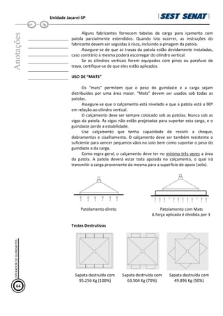 Unidade Jacareí-SP
Anotações
__________________
__________________
__________________
__________________
__________________
__________________
Alguns fabricantes fornecem tabelas de carga para içamento com
patola parcialmente estendidos. Quando isto ocorrer, as instruções do
fabricante devem ser seguidas à risca, incluindo a pinagem da patola.
Assegure-se de que as travas da patola estão devidamente instaladas,
caso contrário à mesma poderá escorregar do cilindro vertical.
Se os cilindros verticais forem equipados com pinos ou parafuso de
trava, certifique-se de que eles estão aplicados.
USO DE “MATS”
Os “mats” permitem que o peso do guindaste e a carga sejam
distribuídos por uma área maior. “Mats” devem ser usados sob todas as
patolas.
Assegure-se que o calçamento está nivelado e que a patola está a 90º
em relação ao cilindro vertical.
O calçamento deve ser sempre colocado sob as patolas. Nunca sob as
vigas da patola. As vigas não estão projetadas para suportar esta carga, e o
guindaste perde a estabilidade.
Use calçamento que tenha capacidade de resistir a choque,
dobramentos e cisalhamento. O calçamento deve ser também resistente o
suficiente para vencer pequenos vãos no solo bem como suportar o peso do
guindaste e da carga.
Como regra geral, o calçamento deve ter no mínimo três vezes a área
da patola. A patola deverá estar toda apoiada no calçamento, o qual irá
transmitir a carga proveniente da mesma para a superfície de apoio (solo).
Patolamento direto Patolamento com Mats
A força aplicada é dividida por 3
Testes Destrutivos
Sapata destruída com
95.256 Kg (100%)
Sapata destruída com
63.504 Kg (70%)
Sapata destruída com
49.896 Kg (50%)
64
OPERADOR
DE
GUINDASTES
 