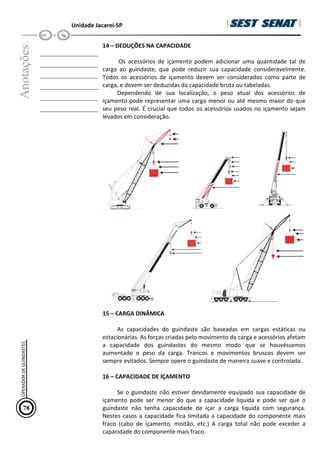 Unidade Jacareí-SP
Anotações
__________________
__________________
__________________
__________________
__________________
__________________
14 – DEDUÇÕES NA CAPACIDADE
Os acessórios de içamento podem adicionar uma quantidade tal de
carga ao guindaste, que pode reduzir sua capacidade consideravelmente.
Todos os acessórios de içamento devem ser considerados como parte de
carga, e devem ser deduzidas da capacidade bruta ou tabeladas.
Dependendo de sua localização, o peso atual dos acessórios de
içamento pode representar uma carga menor ou até mesmo maior do que
seu peso real. É crucial que todos os acessórios usados no içamento sejam
levados em consideração.
15 – CARGA DINÂMICA
As capacidades do guindaste são baseadas em cargas estáticas ou
estacionárias. As forças criadas pelo movimento da carga e acessórios afetam
a capacidade dos guindastes do mesmo modo que se houvéssemos
aumentado o peso da carga. Trancos e movimentos bruscos devem ser
sempre evitados. Sempre opere o guindaste de maneira suave e controlada.
16 – CAPACIDADE DE IÇAMENTO
Se o guindaste não estiver devidamente equipado sua capacidade de
içamento pode ser menor do que a capacidade liquida e pode ser que o
guindaste não tenha capacidade de içar a carga liquida com segurança.
Nestes casos a capacidade fica limitada a capacidade do componente mais
fraco (cabo de içamento, moitão, etc.) A carga total não pode exceder a
capacidade do componente mais fraco.
78
OPERADOR
DE
GUINDASTES
 