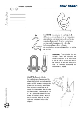 Unidade Jacareí-SP
Anotações
__________________
__________________
__________________
__________________
__________________
__________________
GANCHO S: É construído de aço forjado. É
utilizado posicionando-o de tal forma que sua
acomodação ocorra naturalmente. As forças
que atuarão sobre ele deverão permanecer
dentro dos limites de sentido e direção
indicados na figura. Evite esforços
perpendiculares ao plano do gancho e na ponta
do gancho.
GRAMPO : É construído de
laminado de aço, liga especial de
alta resistência. É um meio auxiliar
desenvolvido para o transporte de
chapas ou cargas som superfícies
lisas, sem pontos de fixação de
outro meio de engate. A aplicação
do grampo para trabalhos com â =
0 º só é permitido para levantar a
chapa da horizontal para vertical.
Quando ao parafuso de fixação,
aperte-o somente com a haste
original.
MANILHA: É constituída de aço
forjado. Deve ser montada de
modo que possa girar livremente
e que as forças atuem nos limites
de direção e sentidos indicados.
Use o mesmo diâmetro da
manilha e da argola
84
OPERADOR
DE
GUINDASTES
 