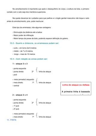 No amortecimento é importante que após o desequilíbrio do corpo, a soltura da bola, o primeiro
contato com o solo seja dos membros superiores.
Na queda devemos ter cuidados para que joelhos e o órgão genital masculino não toque o solo
antes do amortecimento, pois, pode machucar.
Este tipo de arremesso, trás algumas vantagens:
- Diminuição da distância até a baliza
- Maior poder de infiltração
- Maior tempo de posse de bola, podendo esperar definição do goleiro.
10.2 - Quanto a distancia, os arremessos podem ser:
- curto – em torno de 6 metros
- médio – de 7 a 9 metros
- longo – mais de 10 metros
10.3 – Com relação as zonas podem ser:
1 – ataque 3 x 3
- ponta esquerda
- ponta direita 2ª linha de ataque
- pivô
- meia (armador) esquerdo
- meia direito 1ª linha de ataque
- central
2 – ataque 2 x 4
- ponta esquerda
- ponta direita 2ª linha de ataque
- 1º pivô
- 2º pivô
- meia (armador) esquerdo
- meia direito 1ª linha de ataque
11. FINTA
Linha de ataque ou defesa
A primeira linha é baseada
sempre pela visão do
 