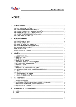Apostila de Hardware 
ÍNDICE 
1. COMPUTADORES .............................................................................................................. 5 
1.1. UM POUCO DA HISTÓRIA .......................................................................................... 5 
1.2. O INÍCIO DA ERA DA COMPUTAÇÃO........................................................................ 5 
1.3. COMPUTADORES DE PRIMEIRA GERAÇÃO............................................................ 7 
1.4. COMPUTADORES DE QUINTA GERAÇÃO.............................................................. 12 
1.5. CLASSIFICAÇÃO DOS COMPUTADORES............................................................... 12 
1.6. EXERCÍCIOS DE FIXAÇÃO ....................................................................................... 14 
2. NÚMEROS BINÁRIOS ...................................................................................................... 16 
2.1. BINARIOS A DECIMAIS ............................................................................................. 16 
2.2. DECIMAIS A BINARIO................................................................................................ 16 
2.3. SOMA DE NÚMEROS BINARIOS.............................................................................. 17 
2.4. PRODUTOS DE NUMEROS BINARIOS.................................................................... 17 
2.5. SISTEMA HEXADECIMAL.......................................................................................... 17 
2.6.1. HEXADECIMAL........................................................................................................ 18 
2.7 EXERCÍCIO DE FIXAÇÃO........................................................................................... 20 
3. MEMÓRIA .......................................................................................................................... 21 
3.1. USO DA MEMÓRIA ..................................................................................................... 21 
3.2. MEMÓRIA RAM ........................................................................................................... 21 
3.3. CACHE......................................................................................................................... 22 
3.4. MEMÓRIA DE MASSA................................................................................................. 22 
3.5. CONTROLADOR DE INTERRUPÇÕES...................................................................... 23 
3.6. ACESSO DIRETO A MEMÓRIA.................................................................................. 23 
3.7. MEMÓRIA ROM........................................................................................................... 23 
3.8. BIOS............................................................................................................................. 24 
3.9. MEMÓRIA DE CONFIGURAÇAO CMOS.................................................................... 24 
3.10. MENSAGENS DE ERRO MAIS COMUNS DO CMOS.............................................. 24 
3.11. POST.......................................................................................................................... 25 
3.12. SETUP ....................................................................................................................... 26 
3.13. PROBLEMAS COM SENHA...................................................................................... 27 
3.14. EXERCÍCIO DE FIXAÇÃO......................................................................................... 28 
4. PROCESSADORES ........................................................................................................... 30 
4.1. MODO PROTEGIDO.................................................................................................... 31 
4.2. PRINCIPAIS CARACTERISTICAS DO MODO PROTEGIDO..................................... 31 
4.3. TABELA DE SLOTS PARA PROCESSADORES........................................................ 32 
4.4. EXERCÍCIO DE FIXAÇÃO........................................................................................... 33 
5. CATEGORIAS DE PROCESSADORES ............................................................................ 35 
5.1. 8086............................................................................................................................... 35 
5.2. 8088............................................................................................................................... 35 
_________________________________________________________________________ 2 
 