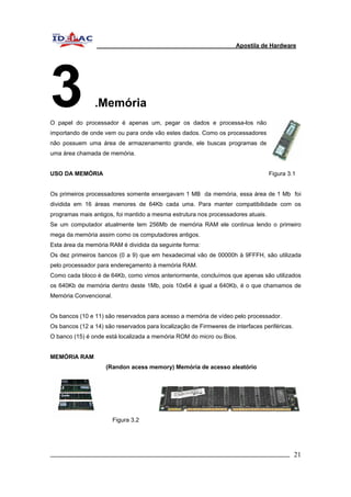 Apostila de Hardware 
3 .Memória 
O papel do processador é apenas um, pegar os dados e processa-los não 
importando de onde vem ou para onde vão estes dados. Como os processadores 
não possuem uma área de armazenamento grande, ele buscas programas de 
uma área chamada de memória. 
USO DA MEMÓRIA Figura 3.1 
Os primeiros processadores somente enxergavam 1 MB da memória, essa área de 1 Mb foi 
dividida em 16 áreas menores de 64Kb cada uma. Para manter compatibilidade com os 
programas mais antigos, foi mantido a mesma estrutura nos processadores atuais. 
Se um computador atualmente tem 256Mb de memória RAM ele continua lendo o primeiro 
mega da memória assim como os computadores antigos. 
Esta área da memória RAM é dividida da seguinte forma: 
Os dez primeiros bancos (0 a 9) que em hexadecimal vão de 00000h à 9FFFH, são utilizada 
pelo processador para endereçamento à memória RAM. 
Como cada bloco é de 64Kb, como vimos anteriormente, concluímos que apenas são utilizados 
os 640Kb de memória dentro deste 1Mb, pois 10x64 é igual a 640Kb, é o que chamamos de 
Memória Convencional. 
Os bancos (10 e 11) são reservados para acesso a memória de vídeo pelo processador. 
Os bancos (12 a 14) são reservados para localização de Firmweres de interfaces periféricas. 
O banco (15) é onde está localizada a memória ROM do micro ou Bios. 
MEMÓRIA RAM 
(Randon acess memory) Memória de acesso aleatório 
Figura 3.2 
_________________________________________________________________________ 21 
 