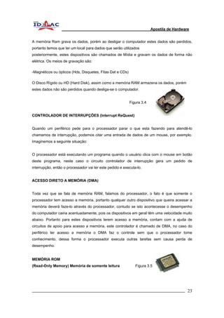 Apostila de Hardware 
A memória Ram grava os dados, porém ao desligar o computador estes dados são perdidos, 
portanto temos que ter um local para dados que serão utilizados 
posteriormente, estes dispositivos são chamados de Mídia e gravam os dados de forma não 
elétrica. Os meios de gravação são: 
-Magnéticos ou ópticos (Hds, Disquetes, Fitas Dat e CDs) 
O Disco Rígido ou HD (Hard Disk), assim como a memória RAM armazena os dados, porém 
estes dados não são perdidos quando desliga-se o computador. 
Figura 3.4 
CONTROLADOR DE INTERRUPÇÕES (Interrupt ReQuest) 
Quando um periférico pede para o processador parar o que esta fazendo para atendê-lo 
chamamos de interrupção, podemos citar uma entrada de dados de um mouse, por exemplo. 
Imaginemos a seguinte situação: 
O processador está executando um programa quando o usuário clica com o mouse em botão 
deste programa, neste caso o circuito controlador de interrupção gera um pedido de 
interrupção, então o processador vai ler este pedido e executa-lo. 
ACESSO DIRETO A MEMÓRIA (DMA) 
Toda vez que se fala de memória RAM, falamos do processador, o fato é que somente o 
processador tem acesso a memória, portanto qualquer outro dispositivo que queira acessar a 
memória deverá faze-lo através do processador, contudo se isto acontecesse o desempenho 
do computador cairia acentuadamente, pois os dispositivos em geral têm uma velocidade muito 
abaixo. Portanto para estes dispositivos terem acesso a memória, contam com a ajuda de 
circuitos de apoio para acesso a memória, este controlador é chamado de DMA, no caso do 
periférico ter acesso a memória o DMA faz o controle sem que o processador tome 
conhecimento, dessa forma o processador executa outras tarefas sem causa perda de 
desempenho. 
MEMÓRIA ROM 
(Read-Only Memory) Memória de somente leitura Figura 3.5 
_________________________________________________________________________ 23 
 