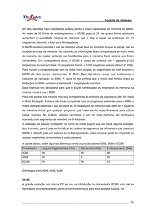 Apostila de Hardware 
Um dos aspectos mais importantes acabou sendo a maior capacidade de memória do 80286. 
Ao invés de 20 linhas de endereçamento, o 80286 possuía 24. As quatro linhas adicionais 
aumentam a quantidade máxima de memória que o chip é capaz de endereçar em 15 
megabytes, elevando o total para 16 megabytes. 
O 80286 também permitia o uso da memória virtual. Que ao contrário do que se pensa, não se 
compõe de chips de memória. Ao contrário, as informações ficam armazenadas em outro meio 
de memória de massa, podendo ser transferidas para a memória física sempre que forem 
necessárias. Em conseqüência disso, o 80286 é capaz de controlar até 1 gigabyte (1024 
Megabytes) de memória total, 16 megabytes físicos, e 1008 megabytes virtuais (Rosch (1993)). 
Para manter a compatibilidade com os chips mais antigos, os engenheiros da Intel dotaram o 
80286 de dois modos operacionais. O Modo Real reproduzia quase que exatamente o 
esquema de operação do 8086. A cópia foi tão perfeita que o modo real herdou todas as 
limitações do 8086, inclusive a barreira de 1 megabyte de memória. 
Essa restrição era obrigatória para que o 80286 identificasse os endereços de memória da 
mesma maneira que o 8086. 
Para tirar partido dos maiores recursos do tratamento de memória da arquitetura 286, foi criado 
o Modo Protegido. Embora não fosse compatível com os programas existentes para o 8086, o 
modo protegido permitia o uso de todos os 16 megabytes de memória real, além de 1 gigabyte 
de memória virtual, por qualquer programa que fosse escrito especificamente para utilizar 
esses recursos. No entanto, embora permitisse o uso de mais memória, ele continuava 
operando com segmentos de memória de 64 kilobytes. 
A utilização da palavra "protegido" no nome do modo sugere que ele provê alguma proteção. 
Isso é correto, pois é possível inicializar as tabelas de segmentos de tal maneira que quando o 
80286 é utilizado para um sistema de multiprogramação, cada processo pode ser impedido de 
acessar segmentos pertencentes a outro processo. 
A tabela abaixo, exibe algumas diferenças entre os processadores 8086, 8088 e 80286: 
Processador Largura Registradores (bits) Barramento (bits) Endereçamento (bits) 
8086 16 16 20 
8088 16 8 20 
80286 16 16 24 
Diferenças entre 8086, 8088, 8286 
80386 
A grande evolução nos micros PC se deu na introdução do processador 80386, com ele os 
fabricantes de processadores, como a Intel tiveram base para seus projetos futuros. No 
_________________________________________________________________________ 36 
 