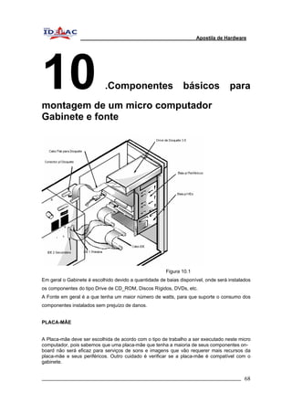 Apostila de Hardware 
10 .Componentes básicos para 
montagem de um micro computador 
Gabinete e fonte 
Figura 10.1 
Em geral o Gabinete é escolhido devido a quantidade de baias disponível, onde será instalados 
os componentes do tipo Drive de CD_ROM, Discos Rígidos, DVDs, etc. 
A Fonte em geral é a que tenha um maior número de watts, para que suporte o consumo dos 
componentes instalados sem prejuízo de danos. 
PLACA-MÃE 
A Placa-mãe deve ser escolhida de acordo com o tipo de trabalho a ser executado neste micro 
computador, pois sabemos que uma placa-mãe que tenha a maioria de seus componentes on-board 
não será eficaz para serviços de sons e imagens que vão requerer mais recursos da 
placa-mãe e seus periféricos. Outro cuidado é verificar se a placa-mãe é compatível com o 
gabinete. 
_________________________________________________________________________ 68 
 