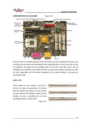 Apostila de Hardware 
COMPONENTES DA PLACA-MÃE Figura 10.2 
Devemos tomar um cuidado especial na hora de escolher que tipo de placa-mãe comprar, pois 
uma placa que não tenha uma quantidade de slots adequada para um futuro uso pode vir a ser 
um problema, uma placa de boa qualidade deve ter slots PCI, slots ISA, para o fato de 
instalação de um periférico mais antigo, slot AGP, no caso querer instalar uma placa de vídeo 
de maior capacidade, slot de memória compatível com as mais modernas, e slot para um 
processador atual. 
SLOTs PCI 
Como descrito no item anterior o slot PCI é 
comum em todas as placas-mãe do mercado 
eles são utilizado para placas de vídeo, placas 
de rede, placas de Fax Modem, placas de rede 
Wirelles, por isso a importância de uma boa 
quantidade de slots em placa-mãe. 
Figura 10.3 
_________________________________________________________________________ 69 
 