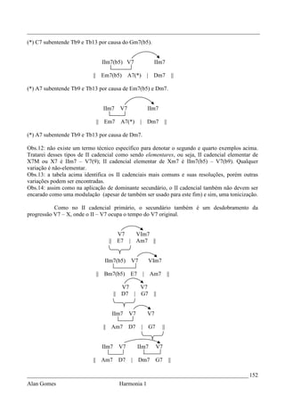 _________________________________________________________________________________
(*) C7 subentende Tb9 e Tb13 por causa do Gm7(b5).


                                 IIm7(b5) V7                 IIm7

                           || Em7(b5)         A7(*)        | Dm7                 ||

(*) A7 subentende Tb9 e Tb13 por causa de Em7(b5) e Dm7.


                                 IIm7    V7                IIm7

                            || Em7        A7(*)      |     Dm7        ||

(*) A7 subentende Tb9 e Tb13 por causa de Dm7.

Obs.12: não existe um termo técnico específico para denotar o segundo e quarto exemplos acima.
Tratarei desses tipos de II cadencial como sendo elementares, ou seja, II cadencial elementar de
X7M ou X7 é IIm7 – V7(9); II cadencial elementar de Xm7 é IIm7(b5) – V7(b9). Qualquer
variação é não-elementar.
Obs.13: a tabela acima identifica os II cadenciais mais comuns e suas resoluções, porém outras
variações podem ser encontradas.
Obs.14: assim como na aplicação de dominante secundário, o II cadencial também não devem ser
encarado como uma modulação (apesar de também ser usado para este fim) e sim, uma tonicização.

           Como no II cadencial primário, o secundário também é um desdobramento da
progressão V7 – X, onde o II – V7 ocupa o tempo do V7 original.


                                      V7   VIm7
                                   || E7 | Am7 ||


                                  IIm7(b5)     V7          VIm7

                            ||   Bm7(b5)       E7         | Am7            ||

                                           V7   V7
                                        || D7 | G7           ||


                                    IIm7      V7           V7

                                 || Am7       D7      |    G7        ||


                                 IIm7    V7         IIm7        V7

                           || Am7        D7    |    Dm7         G7          ||

_____________________________________________________________________________ 152
Alan Gomes                               Harmonia 1
 