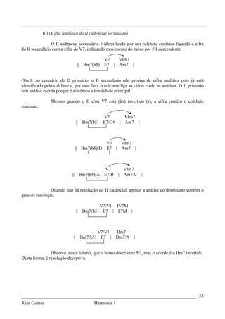 _________________________________________________________________________________
            b.1) Cifra analítica do II cadencial secundário

                O II cadencial secundário é identificado por um colchete contínuo ligando a cifra
do II secundário com a cifra do V7, indicando movimento do baixo por 5ªJ descendente.

                                                       V7   VIm7
                                      ||    Bm7(b5)    E7 | Am7 |


Obs.1: ao contrário do II primário, o II secundário não precisa de cifra analítica pois já está
identificado pelo colchete e, por este fato, o colchete liga as cifras e não as análises. O II primário
tem análise escrita porque é diatônico a tonalidade principal.

                Mesmo quando o II e/ou V7 está (ão) invertido (s), a cifra contêm o colchete
contínuo:

                                                       V7         VIm7
                                  ||        Bm7(b5)    E7/G#    | Am7 |



                                                        V7   VIm7
                                 ||        Bm7(b5)/D    E7 | Am7 |



                                                       V7        VIm7
                            ||             Bm7(b5)/A   E7/B    | Am7/C     |


                Quando não há resolução do II cadencial, apenas a análise do dominante contêm o
grau de resolução.

                                                   V7/VI IV7M
                                  ||        Bm7(b5) E7 | F7M |



                                                  V7/VI        IIm7
                             ||            Bm7(b5) E7 |        Dm7/A   |


                Observe, neste último, que o baixo desce uma 5ªJ, mas o acorde é o IIm7 invertido.
Desta forma, é resolução deceptiva.




_____________________________________________________________________________ 153
Alan Gomes                                       Harmonia 1
 