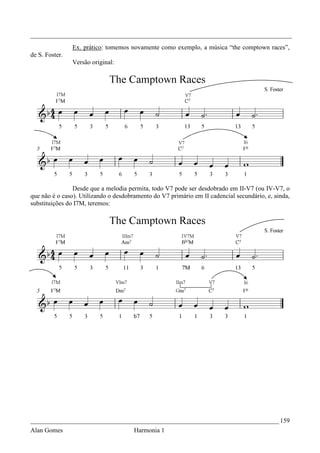 _________________________________________________________________________________
                Ex. prático: tomemos novamente como exemplo, a música “the comptown races”,
de S. Foster.
                Versão original:




                Desde que a melodia permita, todo V7 pode ser desdobrado em II-V7 (ou IV-V7, o
que não é o caso). Utilizando o desdobramento do V7 primário em II cadencial secundário, e, ainda,
substituições do I7M, teremos:




_____________________________________________________________________________ 159
Alan Gomes                             Harmonia 1
 