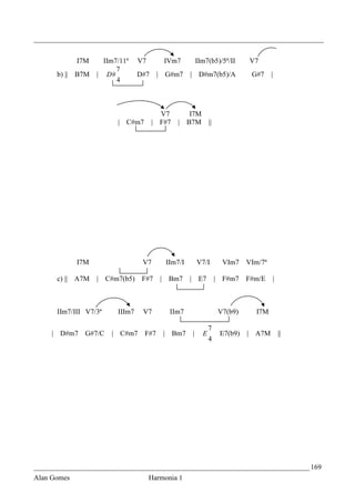 _________________________________________________________________________________


              I7M     IIm7/11ª     V7       IVm7              IIm7(b5)/5ª/II         V7
                          7
      b) ||   B7M   | D#           D#7    | G#m7         | D#m7(b5)/A                 G#7     |
                          4



                                           V7             I7M
                           | C#m7        | F#7     |     B7M ||




              I7M                   V7          IIm7/I        V7/I           VIm7    VIm/7ª

      c) || A7M     |   C#m7(b5)    F#7    | Bm7         | E7           |    F#m7    F#m/E    |



      IIm7/III V7/3ª       IIIm7    V7           IIm7                       V7(b9)     I7M

                                                                    7
     | D#m7     G#7/C    | C#m7     F#7     |    Bm7      |     E           E7(b9)   | A7M        ||
                                                                    4




_____________________________________________________________________________ 169
Alan Gomes                              Harmonia 1
 