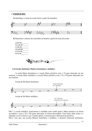 _________________________________________________________________________________

   e EXERCÍCIOS:

     3) Identifique o nome da escala maior a partir da armadura:




     4) Determine o número de sustenidos ou bemóis a partir do nome da escala:

        a) Ré M:_______
        b) Láb M:______
        c) Mi M:_______
        d) SolbM:______
        e) Fá# M:______
        f) Fá M:_______




    1.4) Escalas diatônicas Maiores harmônica e melódica

       A escala Maior harmônica é a escala Maior primitiva com o VI grau abaixado em um
semitom. A escala Maior melódica é a escala Maior primitiva com o VI e VII graus abaixados em
um semitom.

        Escala de Dó Maior harmônica:




        Escala de Dó Maior melódica:




Obs.1: a escala melódica, teoricamente é estudada como sendo igual a Maior primitiva na forma
ascendente e com o VI e VII graus abaixados na forma descendente. Esta forma dada acima é a
chamada escala melódica real, visando apenas a estrutura que a diferencia da primitiva.
Obs.2: note que, nas escalas Maiores harmônica e melódica, o primeiro tetracorde permanece

_____________________________________________________________________________ 17
Alan Gomes                             Harmonia 1
 