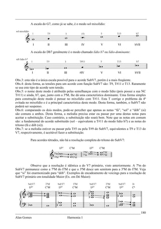 _________________________________________________________________________________
           A escala do G7, como já se sabe, é o modo sol mixolídio:




           A escala do Db7 geralmente é o modo chamado lídio b7 ou lídio-dominante:




Obs.3: esta não é a única escala possível para o acorde SubV7, porém é a mais freqüente.
Obs.4: desta forma, as tensões para um acorde com função SubV7 são: T9, T#11 e T13. Raramente
se usa este tipo de acorde sem tensão.
Obs.5: o nome deste modo é atribuído pelas semelhanças com o modo lídio (pois possui a sua NC
T#11) e ainda, b7, que, junto com a 3ªM, lhe dá uma característica dominante. Uma forma simples
para construção deste modo é pensar no mixolídio com T#11. Esta T corrige o problema da 4ª
evitada no mixolídio e é a principal característica deste modo. Desta forma, também, o SubV7 não
poderá ser suspenso.
Obs.6: comparando os dois modos, pode-se perceber que apenas as notas “fá”, “sol” e “dób” (si)
são comuns a ambos. Desta forma, a melodia precisa estar ou passar por uma destas notas para
aceitar a substituição. Caso contrário, a substituição não soará bem. Note que as notas em comum
são: a fundamental do acorde substituído (sol – equivalente a T#11 do modo lídio b7) e as notas do
trítono (fá e dób (si)).
Obs.7: se a melodia estiver ou passar pela T#5 ou pela T#9 do SubV7, equivalentes a T9 e T13 do
V7, respectivamente, é aceitável fazer a substituição.

           Para acordes tétrades, não há a resolução completa do trítono do SubV7:




            Observe que a resolução é idêntica a do V7 primário, visto anteriormente. A 7ªm do
SubV7 permanece como a 7ªM do I7M e que a 3ªM desce um semitom para a 3ªM do I7M. Veja
que “si” foi enarmonizado para “dób”. Exemplos de encadeamento de voicings para a resolução de
SubV7 primário em tonalidade Maior (Ex. em Dó Maior):




_____________________________________________________________________________ 180
Alan Gomes                             Harmonia 1
 