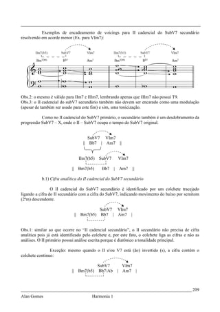 _________________________________________________________________________________
           Exemplos de encadeamento de voicings para II cadencial do SubV7 secundário
resolvendo em acorde menor (Ex. para VIm7):




Obs.2: o mesmo é válido para IIm7 e IIIm7, lembrando apenas que IIIm7 não possui T9.
Obs.3: o II cadencial do subV7 secundário também não devem ser encarado como uma modulação
(apesar de também ser usado para este fim) e sim, uma tonicização.

           Como no II cadencial do SubV7 primário, o secundário também é um desdobramento da
progressão SubV7 – X, onde o II – SubV7 ocupa o tempo do SubV7 original.


                                            SubV7 VIm7
                                         || Bb7 | Am7 ||


                                       IIm7(b5)   SubV7     VIm7

                             ||        Bm7(b5)     Bb7     | Am7   ||

           b.1) Cifra analítica do II cadencial do SubV7 secundário

                 O II cadencial do SubV7 secundário é identificado por um colchete tracejado
ligando a cifra do II secundário com a cifra do SubV7, indicando movimento do baixo por semitom
(2ªm) descendente.

                                                  SubV7 VIm7
                                  ||   Bm7(b5)    Bb7 | Am7 |


Obs.1: similar ao que ocorre no “II cadencial secundário”, o II secundário não precisa de cifra
analítica pois já está identificado pelo colchete e, por este fato, o colchete liga as cifras e não as
análises. O II primário possui análise escrita porque é diatônico a tonalidade principal.

                Exceção: mesmo quando o II e/ou V7 está (ão) invertido (s), a cifra contêm o
colchete contínuo:

                                                  SubV7       VIm7
                             ||        Bm7(b5)    Bb7/Ab    | Am7 |



_____________________________________________________________________________ 209
Alan Gomes                                   Harmonia 1
 