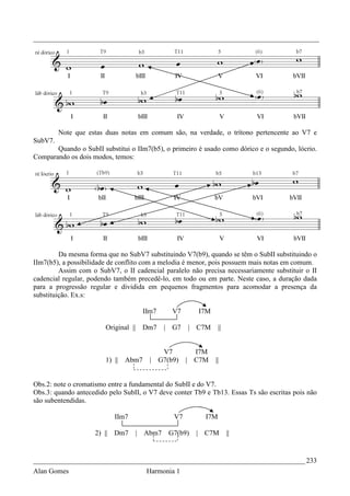 _________________________________________________________________________________




         Note que estas duas notas em comum são, na verdade, o trítono pertencente ao V7 e
SubV7.
       Quando o SubII substitui o IIm7(b5), o primeiro é usado como dórico e o segundo, lócrio.
Comparando os dois modos, temos:




         Da mesma forma que no SubV7 substituindo V7(b9), quando se têm o SubII substituindo o
IIm7(b5), a possibilidade de conflito com a melodia é menor, pois possuem mais notas em comum.
         Assim com o SubV7, o II cadencial paralelo não precisa necessariamente substituir o II
cadencial regular, podendo também precedê-lo, em todo ou em parte. Neste caso, a duração dada
para a progressão regular e dividida em pequenos fragmentos para acomodar a presença da
substituição. Ex.s:

                                       IIm7      V7      I7M

                        Original ||    Dm7     | G7   | C7M      ||


                                            V7          I7M
                        1) ||   Abm7     | G7(b9)     | C7M    ||


Obs.2: note o cromatismo entre a fundamental do SubII e do V7.
Obs.3: quando antecedido pelo SubII, o V7 deve conter Tb9 e Tb13. Essas Ts são escritas pois não
são subentendidas.

                           IIm7                  V7        I7M

                    2) || Dm7         | Abm7    G7(b9)   | C7M        ||


_____________________________________________________________________________ 233
Alan Gomes                              Harmonia 1
 