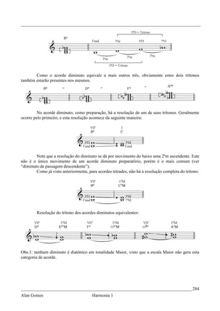 _________________________________________________________________________________




       Como o acorde diminuto equivale a mais outros três, obviamente estes dois trítonos
também estarão presentes nos mesmos.




         No acorde diminuto, como preparação, há a resolução de um de seus trítonos. Geralmente
ocorre pelo primeiro, e esta resolução acontece da seguinte maneira:




        Note que a resolução do diminuto se dá por movimento do baixo uma 2ªm ascendente. Este
não é o único movimento de um acorde diminuto preparatório, porém é o mais comum (ver
“diminuto de passagem descendente”).
        Como já visto anteriormente, para acordes tétrades, não há a resolução completa do trítono.




        Resolução do trítono dos acordes diminutos equivalentes:




Obs.1: nenhum diminuto é diatônico em tonalidade Maior, visto que a escala Maior não gera esta
categoria de acorde.




_____________________________________________________________________________ 284
Alan Gomes                             Harmonia 1
 