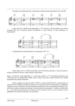 _________________________________________________________________________________
        Exemplos de encadeamento de voicings para acorde diminuto preparatório (Ex. para Bº):




        Agora note que o diminuto de preparação e o V7 possuem o mesmo trítono, com mesma
resolução (por isso o primeiro trítono do diminuto é o que resolve). A única diferença é a
fundamental:




        Comparação dos encadeamentos de voicings para VIIº e V7:




       Desta forma, VIIº e V7(b9) (encontrado uma 3ªM abaixo) possuem a mesma estrutura e
mesma resolução do trítono, sendo, portanto, equivalentes.

Regra: o diminuto, como preparação, é o acorde que substitui o V7 encontrado geralmente uma
3ªM abaixo de sua fundamental. Sendo assim, dizemos que todo acorde diminuto com função
preparatória têm função dominante.

         Porém, enquanto a escala do acorde V7(b9) é o modo mixolídio b9 b13, a do diminuto é a
escala diminuta (também chamada de diminuta tom-semitom (devido a sua formação em seqüências
regulares de tom e semitom), dim-dim (diminuta da diminuta), dim-sim (diminuta simétrica), dom-
dim (termo usado por alguns para denotar a escala diminuta, erroneamente – detalhes em Harmonia
2), ou octatônica (por possuir oito notas)) ou menor primitiva meio tom (um semitom) acima,
dependento do acorde de resolução e de sua função:



_____________________________________________________________________________ 285
Alan Gomes                           Harmonia 1
 