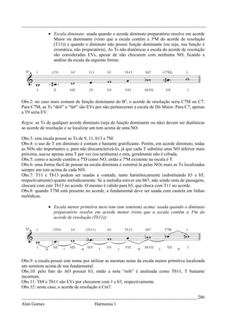 _________________________________________________________________________________

              • Escala diminuta: usada quando o acorde diminuto preparatório resolve em acorde
                Maior ou dominante (visto que a escala contêm a 3ªM do acorde de resolução
                (T11)) e quando o diminuto não possui função dominante (ou seja, sua função é
                cromática, não preparatória). As Ts não diatônicas a escala do acorde de resolução
                são consideradas EVs, apesar de não chocarem com nenhuma NO, ficando a
                análise da escala da seguinte forma:




Obs.2: no caso mais comum de função dominante do Bº, o acorde de resolução seria C7M ou C7.
Para C7M, as Ts “dó#” e “lá#” são EVs por não pertenceram a escala de Dó Maior. Para C7, apenas
a T9 seria EV.

Regra: as Ts de qualquer acorde diminuto (seja de função dominante ou não) devem ser diatônicas
ao acorde de resolução e se localizar um tom acima de uma NO.

Obs.3: esta escala possui as Ts de 9, 11, b13 e 7M.
Obs.4: o uso de T em diminuto é comum e bastante gratificante. Porém, em acorde diminuto, todas
as NOs são importantes e, para não descaracterizá-lo, já que cada T substitui uma NO inferior mais
próxima, usa-se apenas uma T por vez (ou nenhuma) e esta, geralmente não é cifrada.
Obs.5: como o acorde contêm a 7ªD como NO, então a 7ªM existente na escala é T.
Obs.6: uma forma fácil de pensar na escala diminuta é construí-la pelas NOs mais as Ts localizadas
sempre um tom acima de cada NO.
Obs.7: T11 e Tb13 podem ser usadas a vontade, tanto harmônicamente (substituindo b3 e b5,
respectivamente) quanto melodicamente. Se a melodia estiver em bb7, não sendo nota de passagem,
chocará com este Tb13 no acorde. O mesmo é válido para b5, que choca com T11 no acorde.
Obs.8: quando T7M está presente no acorde, a fundamental deve ser usada com cautela em linhas
melódicas.

              • Escala menor primitiva meio tom (um semitom) acima: usada quando o diminuto
                preparatório resolve em acorde menor (visto que a escala contêm a 3ªm do
                acorde de resolução (Tb11)):




Obs.9: a escala possui este nome por utilizar as mesmas notas da escala menor primitiva localizada
um semitom acima de sua fundamental.
Obs.10: pelo fato do AO possuir b3, então a nota “mib” é analisada como Tb11, T bastante
incomum.
Obs.11: Tb9 e Tb11 são EVs por chocarem com 1 e b3, respectivamente.
Obs.12: neste caso, o acorde de resolução é Cm7.

_____________________________________________________________________________ 286
Alan Gomes                             Harmonia 1
 