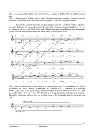 _________________________________________________________________________________
Obs.13: as mesmas observações feitas anteriormente a respeito de Tb13 e T7M são válidas também
aqui.
Obs.14: alguns músicos utilizam apenas escala diminuta para ambos os casos. É uma forma mais
prática de se pensar na escala do acorde diminuto, porém a considero menos satisfatória.

         Assim como o acorde diminuto, a escala diminuta também é simétrica, podendo repetir-se
em ciclos definidos, em virtude da simetria dos intervalos presentes em sua formação (t st t st t st t
st – quatro repetições t e st). Desta forma, cada NO da escala pode ser usada como uma fundamental
de uma nova escala diminuta mantendo o som e sendo, portanto, equivalente:




Obs.14: note que estas quatro escalas possuem as mesmas notas como Ts, mudando apenas a função
das mesmas (ex.: dó# é T9 em Bº, T7M em Dº, Tb13 (réb) em Fº e T11 (réb) em Abº, e assim por
diante). Além disso, as Ts destas escalas formam um segundo acorde diminuto (no caso, dó# (réb),
mi, sol, lá# (sib) = C#º = Eº = Gº = A#º). Ou seja, toda escala diminuta é formada por dois acordes
diminutos: o primeiro sobre as NOs e o segundo sobre as Ts, localizadas um tom acima de cada
NO:




_____________________________________________________________________________ 287
Alan Gomes                              Harmonia 1
 