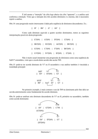 _________________________________________________________________________________
                  É útil anotar a “intenção” da cifra logo abaixo da cifra “aparente”, e a análise será
conforma a intenção. Visto que a intenção dos três acordes diminutos é a mesma, não é necessário
repetir a análise.

Obs.14: uma progressão muito interessante é dada pela seqüência de diminutos descendentes. Ex.:

                            ||   Bº     |   Bbº           | Aº      | Abº    ||

                Como cada diminuto equivale a quatro acordes dominantes, temos as seguintes
interpretações possíveis desta progressão:

                            || E7(b9)        | A7(b9)               | D7(b9)           | G7(b9)         ||

                            ||   Bb7(b9)         |        Eb7(b9)    | Ab7(b9)                | Db7(b9)           ||

                            || G7(b9)         | C7(b9)              | F7(b9)           | Bb7(b9)         ||

                            || C#7(b9)           |        F#7(b9)    | B7(b9)                | E7(b9)        ||

              Não é muito usual interpretar esta progressão de diminutos como uma seqüência de
SubV7 estendidos, visto que a escala deste acorde não aceita Tb9.

Obs.15: pode-se ter acorde diminuto do V7 ou II secundário e sua análise também é vinculada a
tonalidade principal:

                                         bIIIº             V7           V7
                                      || Ebº             | D7(b9)     | G7        ||


                                    bVIIº     V7                         V7
                                 || Bbº | Am7 D7                       | G7             ||


                No primeiro exemplo, é mais comum o uso de Tb9 no dominante pelo fato dela ser
ouvida anteriormente como fundamental do acorde diminuto.

Obs.16: pode-se analisar este diminuto descendente do V7 ou II, primário ou secundário, também
como acorde dominante:


                                        V7                             I7M
                                  || Abº             |    G7(b9)     | C7M             ||
                                      (G7(b9))


                                            V7                          V7
                                      || Ebº             | D7(b9)     | G7         ||
                                        (D7(b9))


_____________________________________________________________________________ 302
Alan Gomes                                   Harmonia 1
 