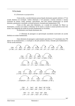 _________________________________________________________________________________
        b) Por função

           b.1) Dominante ou preparatória

                Como já dito, o acorde diminuto possui função dominante quando substitui o V7 do
acorde diatônico de resolução. Ambos (diminuto e V7) possuem a mesma estrutura e mesma
resolução do trítono, sendo, portanto, equivalentes. Dos dois trítonos pertencentes ao acorde
diminuto, geralmente a resolução se dá pelo primeiro, formado pela fundamental e 5ªD.
                Como já dito, para estes diminutos, se o acorde de resolução for Maior ou
dominantes, a escala a ser usada é a diminuta. Se for menor, a escala é a menor primitiva meio tom
acima. Isso independe do estado do acorde (fundamental ou invertido).
                Os diminutos com função dominante são:

                     • Diminuto de passagem ou aproximação ascendente resolvendo em acorde
diatônico no estado fundamental;

               Estes diminutos de passagem e aproximação equivalem ao V7 encontrado uma 3ªM
abaixo de sua fundamental, e a resolução se dá pelo primeiro trítono, formado pela fundamental e
5ªD do acorde diminuto.


       I7M V7 IIm7 V7 IIIm7 V7 IV7M V7 V7 V7 VIm7 V7 I7M
   || C7M | A7 | Dm7 | B7 | Em7 | C7 | F7M | D7 | G7 | E7 | Am7 | G7 | C7M ||



                      I7M   V7 IIm7 V7 IIIm7 V7            IV7M
                   || C7M | A7 | Dm7 | B7 | Em7 | C7(b9) | F7M |


                       V7       V7 V7 VIm7 V7            I7M
                     | D7(b9) | G7 | E7 | Am7 | G7(b9) | C7M ||



                   I7M V7       IIm7 V7       IIIm7 V7         IV7M
               || C7M | A7/C# | Dm7 | B7/D# | Em7 | C7(b9)/E | F7M |


                   V7          V7 V7        VIm7 V7           I7M
                 | D7(b9)/F# | G7 | E7/G# | Am7 | G7(b9)/B | C7M ||



                        I7M   Iº   IIm7 #IIº IIIm7 IIIº IV7M
                    || C7M | C#º | Dm7 | D#º | Em7 | Eº | F7M |

                           #IVº V7 #Vº VIm7 VIIº I7M
                         | F#º | G7 | G#º | Am7 | Bº | C7M ||

_____________________________________________________________________________ 307
Alan Gomes                             Harmonia 1
 